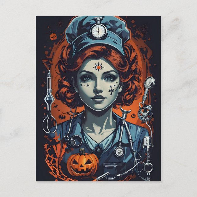 Injecting Boo-tiful Care, Spooky Halloween Nurse Postcard (Front)