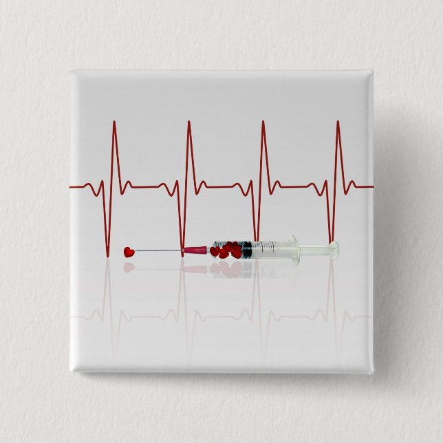 Injection with Red Hearts 15 Cm Square Badge (Front)