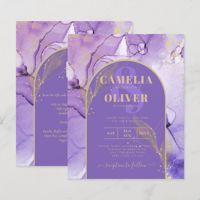 Ink Abstract PURPLE GOLD Lavender Wedding INVITE (Front/Back)