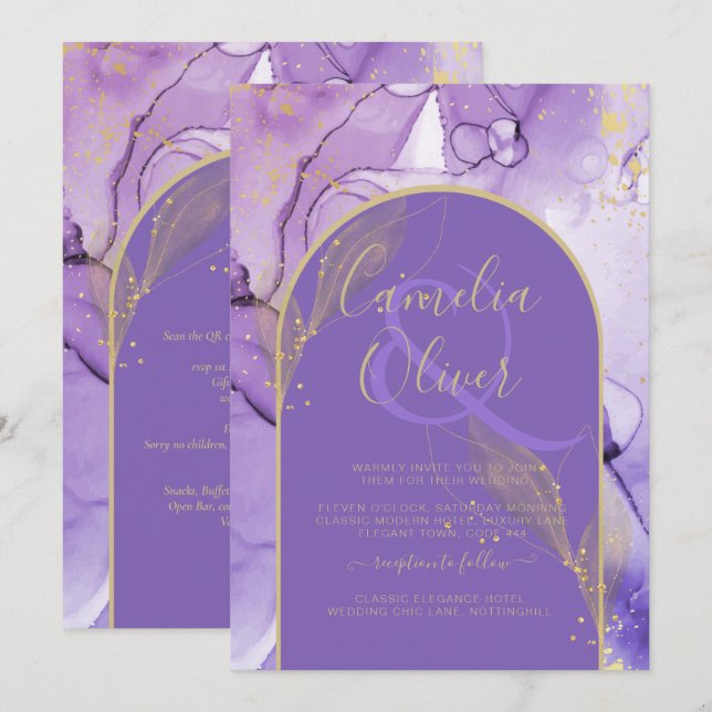 Ink Abstract PURPLE GOLD Lavender Wedding INVITE (Front/Back)