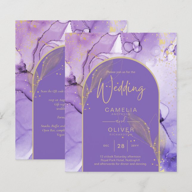Ink Abstract PURPLE GOLD Lavender Wedding INVITE (Front/Back)