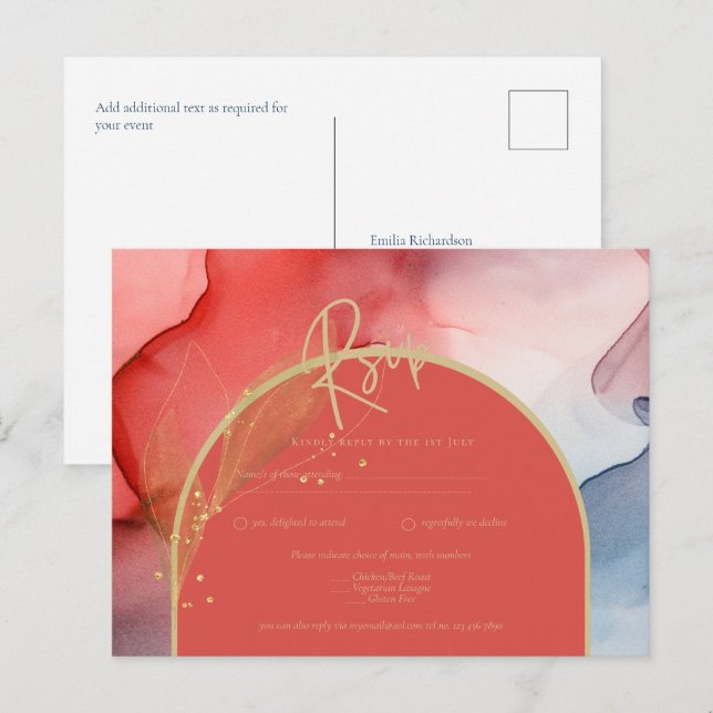 Ink Abstract Red Coral Navy Gold Wedding RSVP Postcard (Front/Back)
