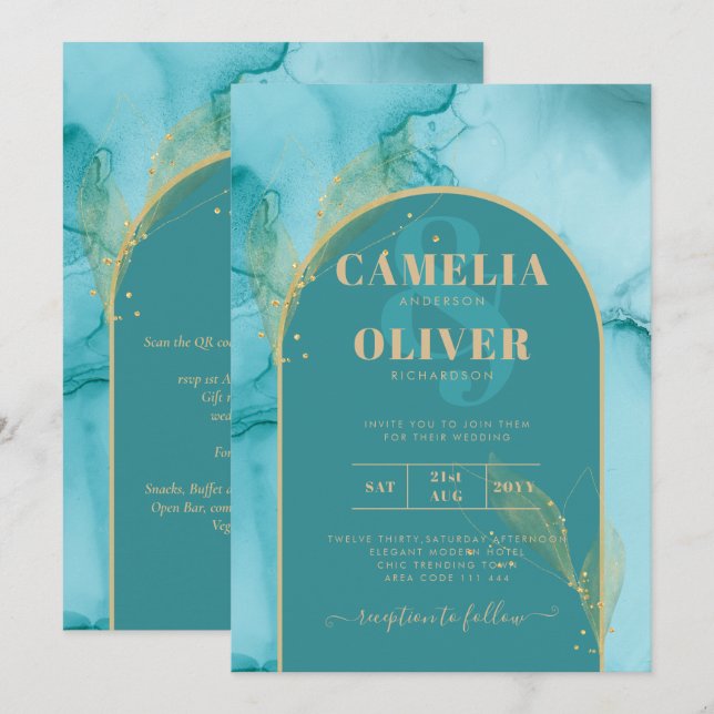 INK Abstract Turquoise Teal Gold Wedding INVITE (Front/Back)