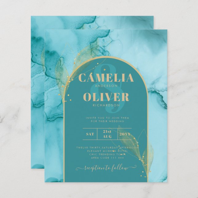 INK Abstract Turquoise Teal Gold Wedding INVITE (Front/Back)