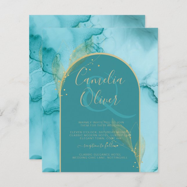 INK Abstract Turquoise Teal Gold Wedding INVITE (Front/Back)