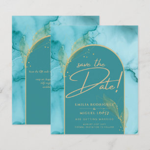 INK Abstract Turquoise Teal Gold Wedding Save DATE