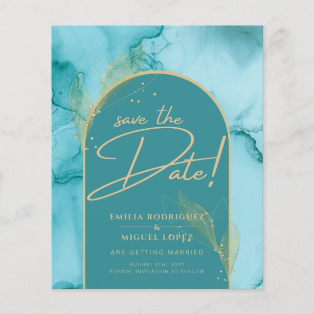 INK Abstract Turquoise Teal Gold Wedding Save DATE Flyer (Front)
