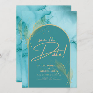 INK Abstract Turquoise Teal Gold Wedding Save DATE Invitation