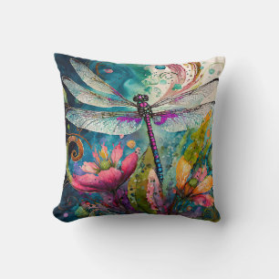 Ink and Pen Watercolor Dragonfly Cushion