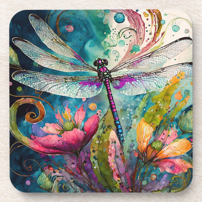 Ink and Pen Watercolor Dragonfly Hard Plastic  Coaster (Front)