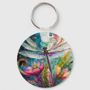 Ink and Pen Watercolor Dragonfly Keychain