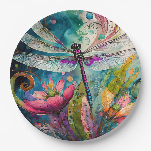 Ink and Pen Watercolor Dragonfly  Paper Plate (Front)
