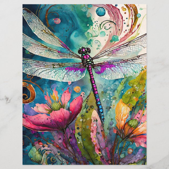 Ink and Pen Watercolor Dragonfly Scrapbook Paper (Front)
