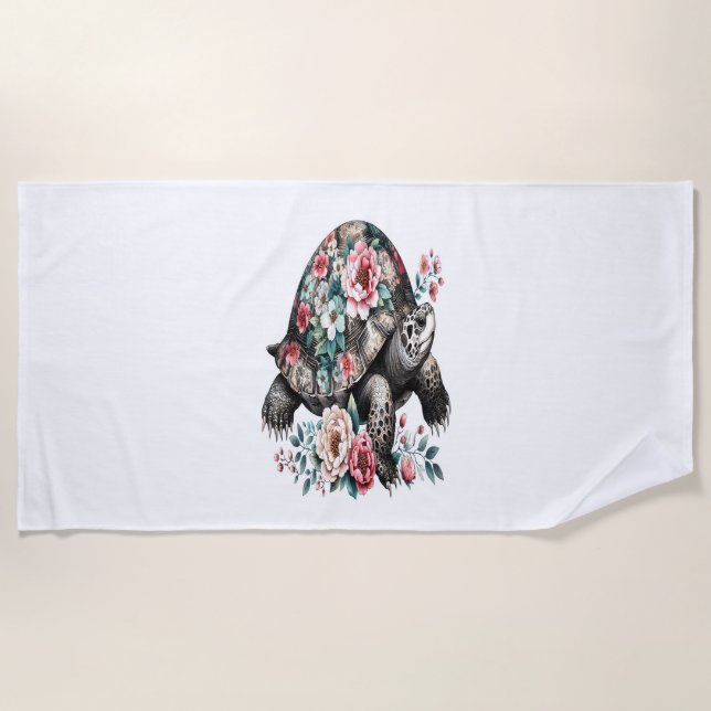 Ink and Wash Turtle with Floral Shell. Beach Towel (Front)