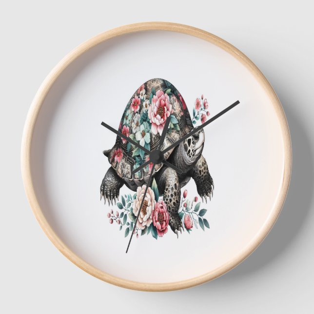 Ink and Wash Turtle with Floral Shell. Clock (Front)