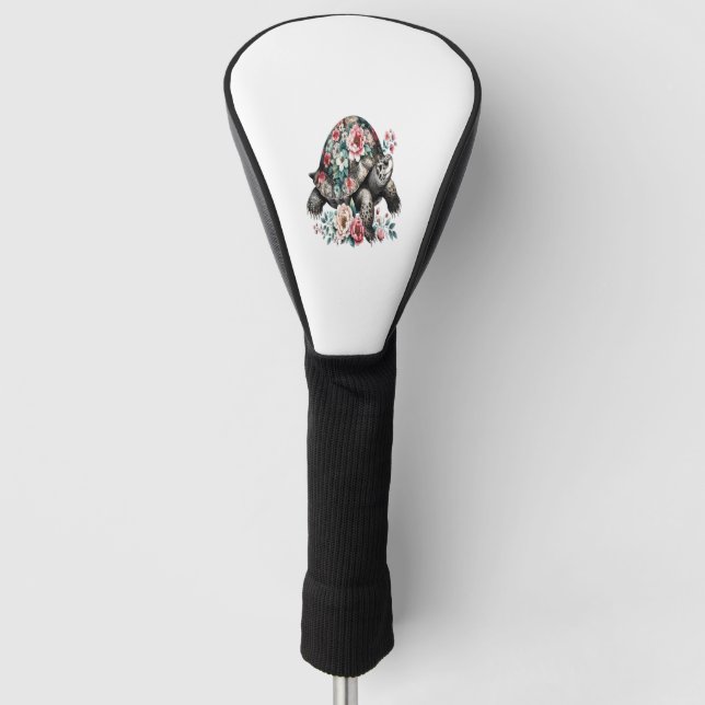 Ink and Wash Turtle with Floral Shell. Golf Head Cover (Front)