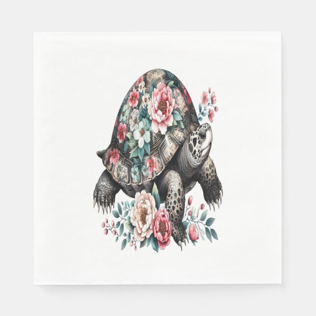 Ink and Wash Turtle with Floral Shell. Napkin (Front)