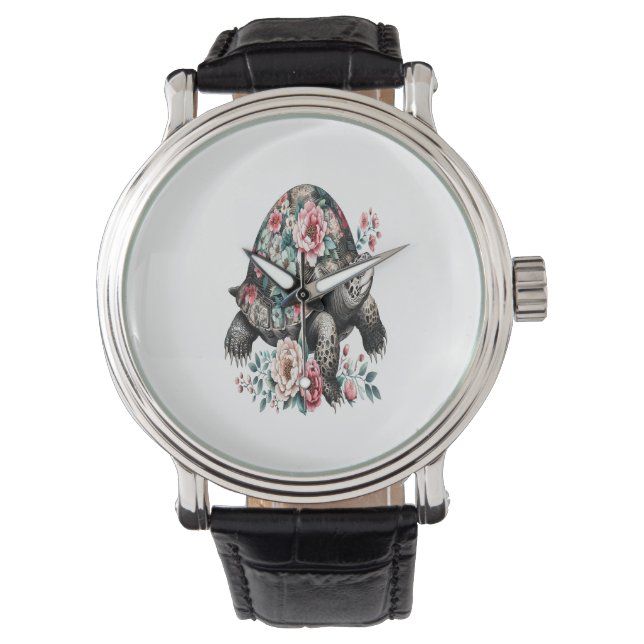 Ink and Wash Turtle with Floral Shell. Watch (Front)