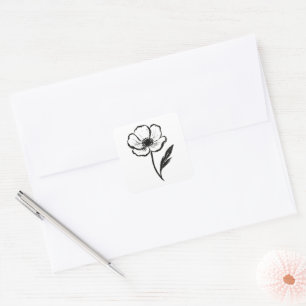 Ink Anemone Minimalist Flower Brushstroke Art on Square Sticker