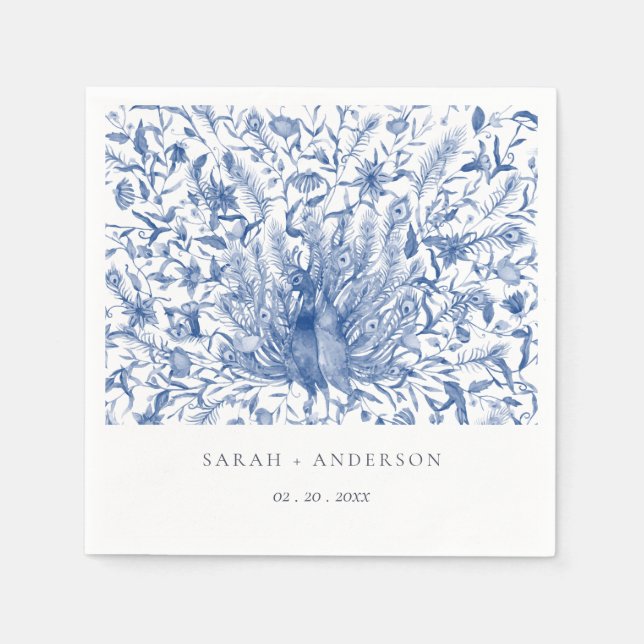 Ink Blue Classy Ornate Watercolor Peacock Wedding Napkin (Front)