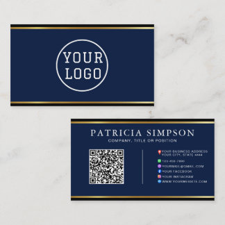Ink Blue & Gold Edge Modern QR Code Template Business Card