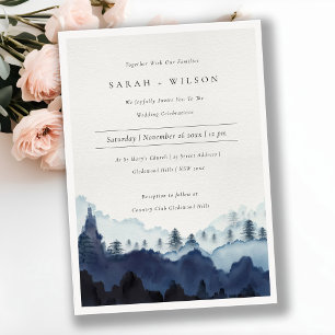 Ink Blue Navy Pine Woods Mountain Wedding Invite