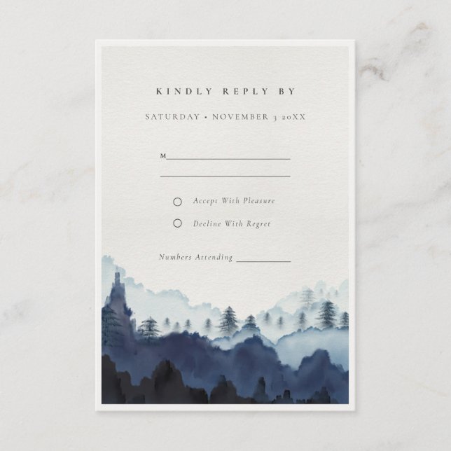 Ink Blue Navy Pine Woods Mountain Wedding RSVP Enclosure Card (Front)