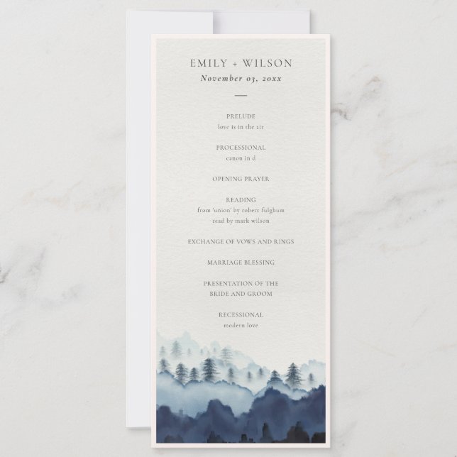 Ink Blue Pine Mountain Wedding Ceremony Program Invitation (Front)