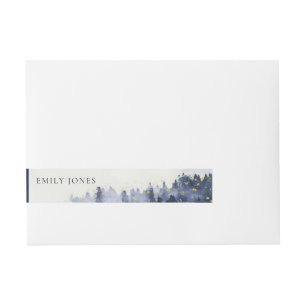 INK BLUE WATERCOLOR LANDSCAPE TREE FOLIAGE WRAPAROUND ADDRESS LABEL