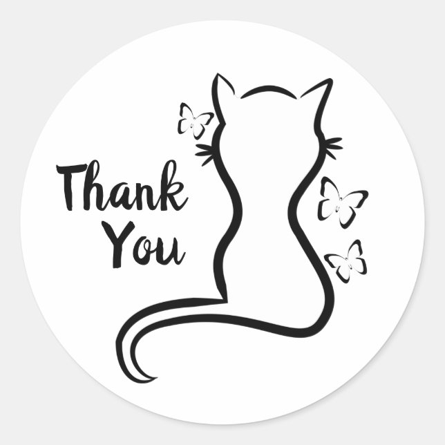 Ink Cat And Butterflies Thank You Classic Round Sticker (Front)