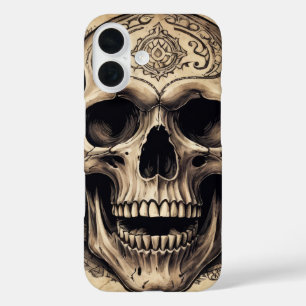 Ink drawing of a skull on parchment cover