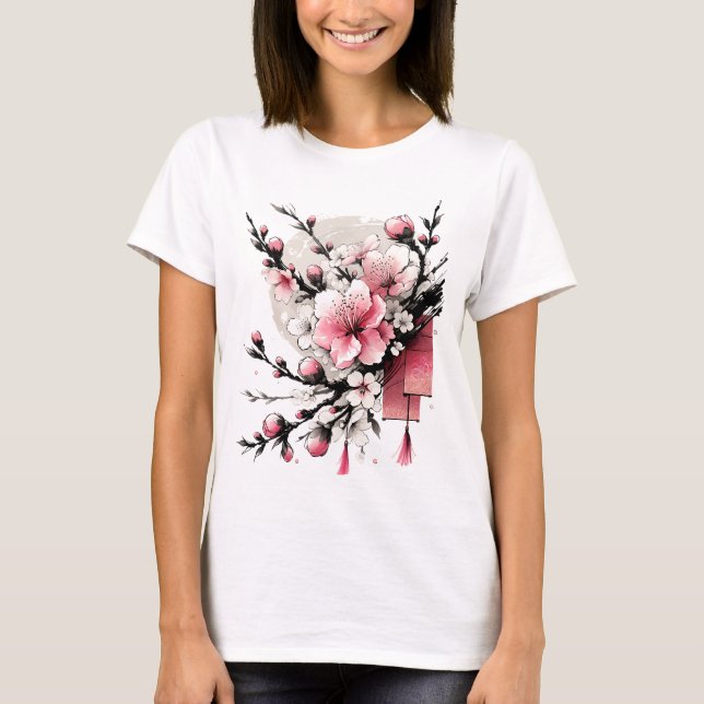 Ink Drawing of Hoa Dao Happy New Year T-Shirt (Front)
