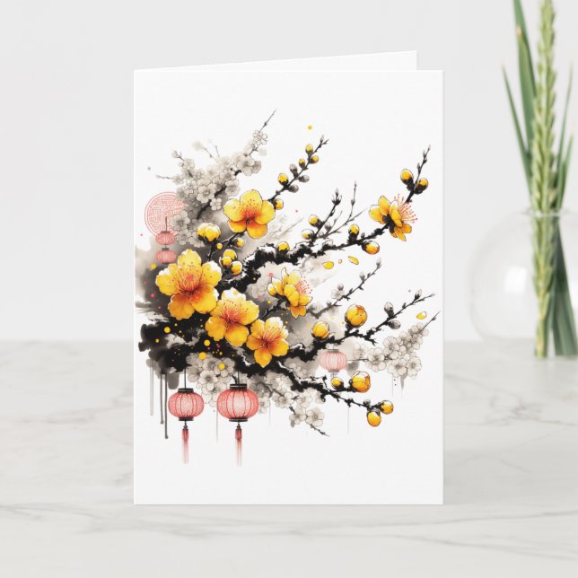 Ink Drawing of Hoa Mai Happy New Year Holiday Card (Front)