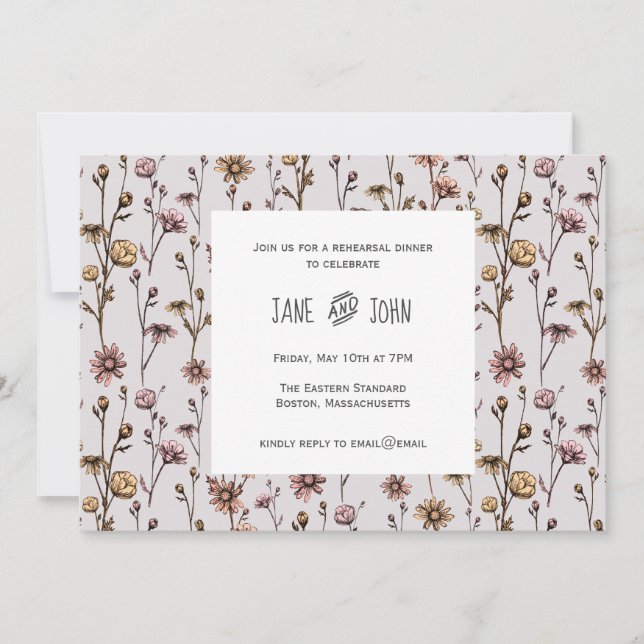 Ink Drawn Daisies Rehearsal Dinner Invitation (Front)
