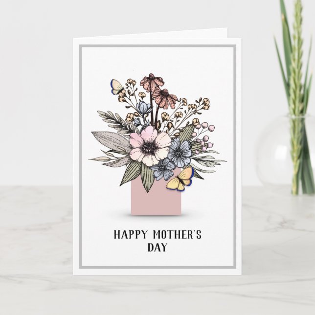 Ink Drawn Floral Vase Mother's Day Card (Front)
