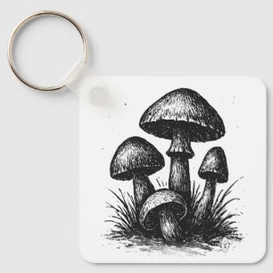 Ink‑Drawn Mushroom Cluster Tote Bag Key Ring