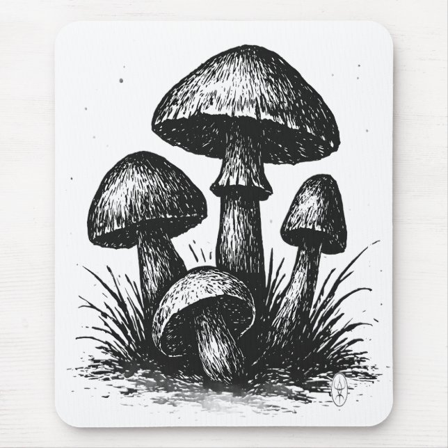 Ink‑Drawn Mushroom Cluster Tote Bag Mouse Mat (Front)