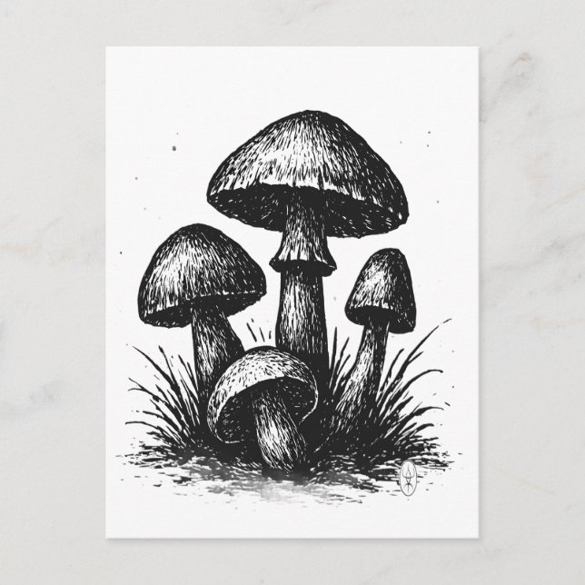 Ink‑Drawn Mushroom Cluster Tote Bag Postcard (Front)