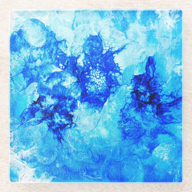 Ink droplets blue abstract art coaster (Front)