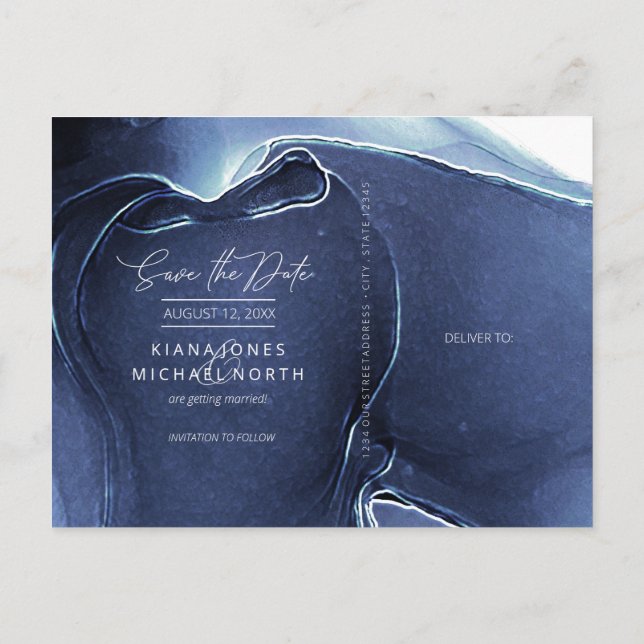 Ink Flow Wedding Save the Date Blue ID762 Announcement Postcard (Back)