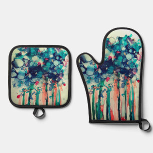 Ink flowers oven mitt & pot holder set