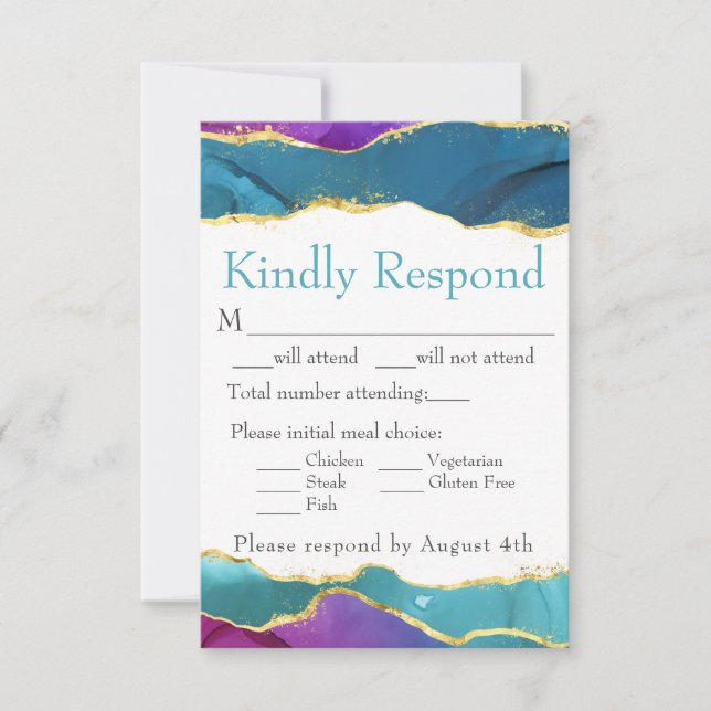 Ink Fuchsia Pink Teal Gold RSVP Card (Front)