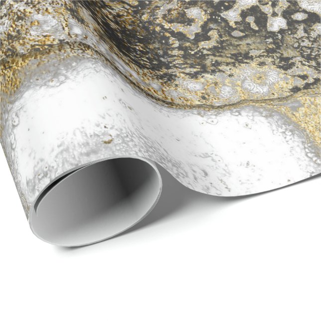 Ink Gold Liquid Paint Gray Black White Abstract Wrapping Paper (Roll Corner)