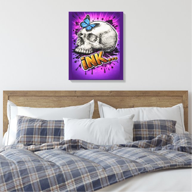 INK… Hand-Drawn Skull with Butterfly Canvas Print (Insitu(Bedroom))