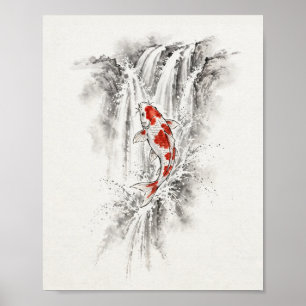 Ink Koi Fish Leaping Waterfall Poster