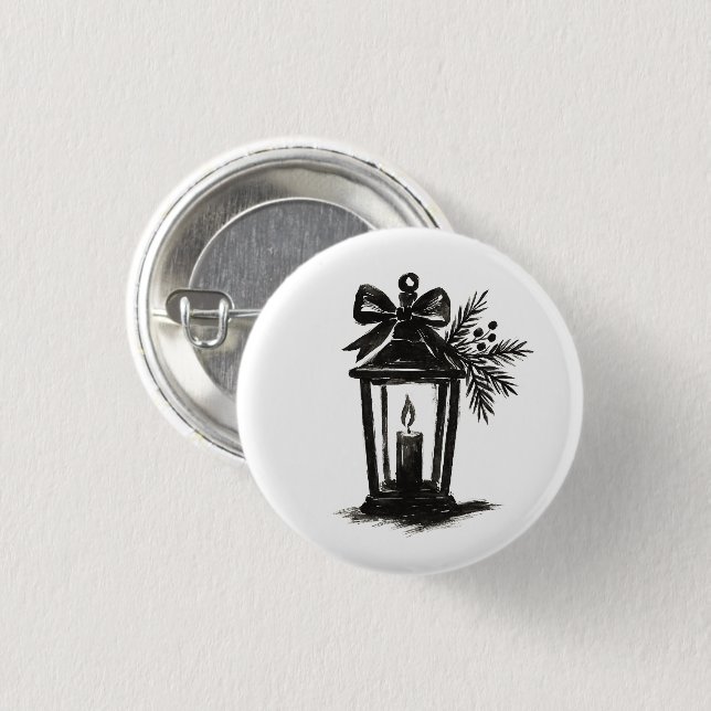 Ink Lantern with Candle and Pine – Holiday Art on  3 Cm Round Badge (Front & Back)