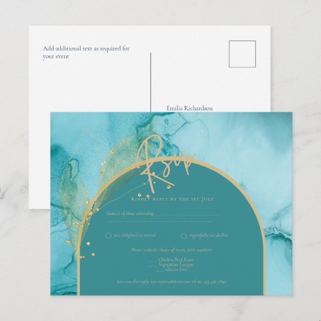 INK Ocean Turquoise Teal Gold Wedding RSVP Postcard (Front/Back)
