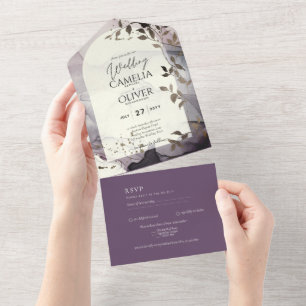 Ink Ombre Lilac Ivory Silver Wedding All In One Invitation