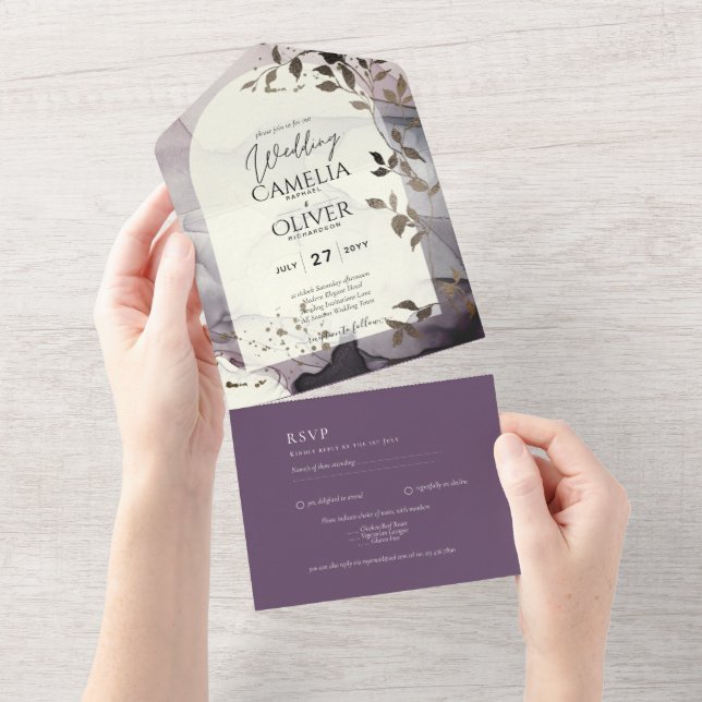 Ink Ombre Lilac Ivory Silver Wedding All In One Invitation (Tearaway)