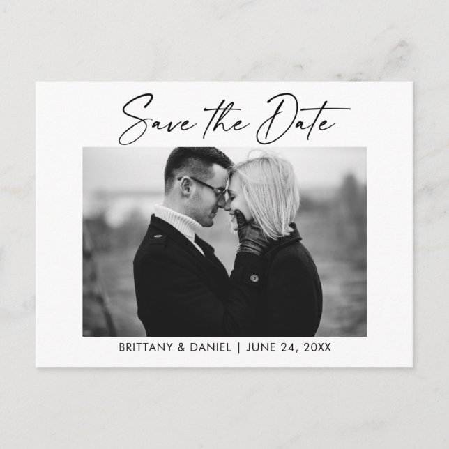 Ink Pen Calligraphy Black and White Save The Date Postcard (Front)